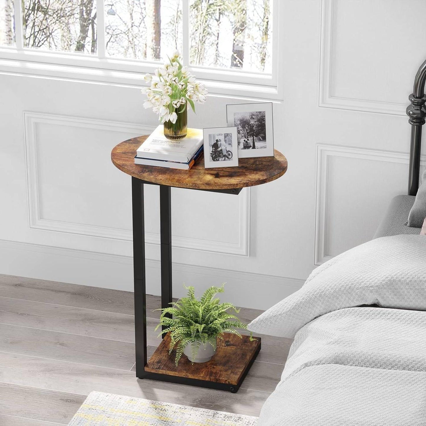 Hosfais Side Table Small End Table, C-Shaped Wood Sofa Table with Metal Frame for Living Room, Bedroom, Small Spaces (Rustic Brown)