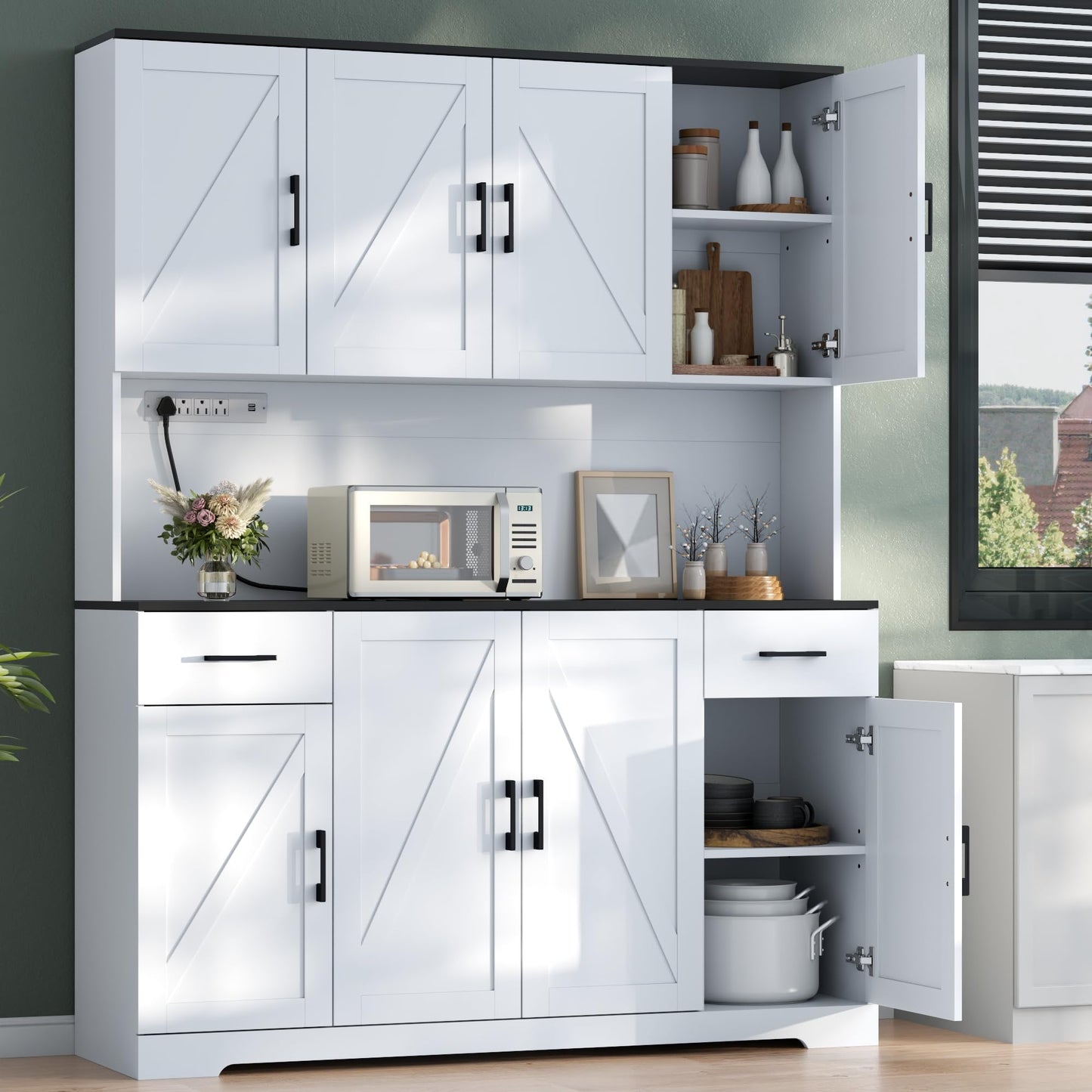 Gyfimoie 71’’ Tall Kitchen Pantry Cabinet with Charging Station, Wider Farmhouse Kitchen Storage Cabinet with Countertop Freestanding Hutch with Storage Drawers & Doors for Living Dining Room (White)