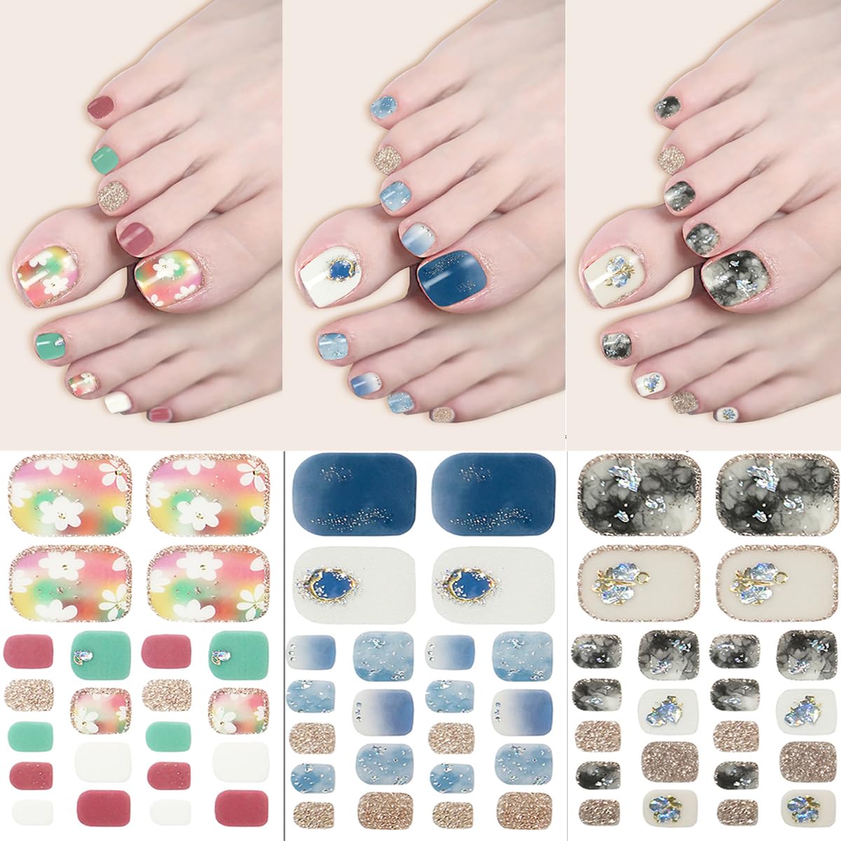 8 Sheets Toe Nail Wraps French Toenail Nail Polish Strips Decals Colorful Sparkly Full Toe Nail Wraps Toenails Nail Stickers Glitter Toe Nail Stickers Self Adhesive Design for Women Girl DIY Manicure