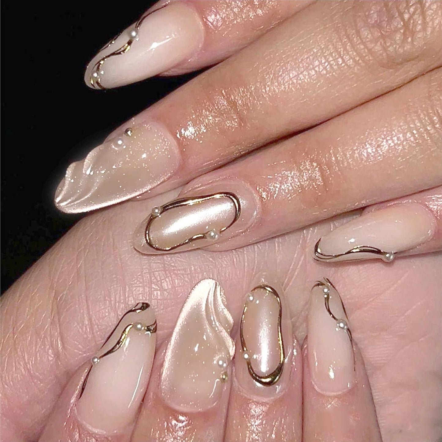 Chrome Gold Press on Nails Medium Almond Fake Nails Gilded False Nails 3D Gold Beads Pearls Press on Acrylic Nails Water Ripples Stick on Nail Shiny Glitter Full Cover Glue on Nail for Women 24Pcs