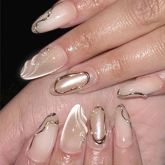 Chrome Gold Press on Nails Medium Almond Fake Nails Gilded False Nails 3D Gold Beads Pearls Press on Acrylic Nails Water Ripples Stick on Nail Shiny Glitter Full Cover Glue on Nail for Women 24Pcs