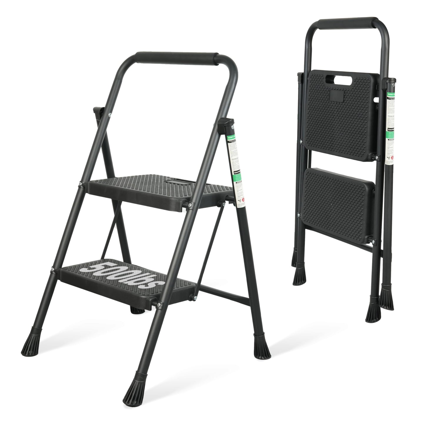 Step Ladder, Portable Steel Folding Step Stool with Wide Anti-Slip Pedal & Convenient Handgrip, Sturdy Steel Ladder, 2-Step, Black