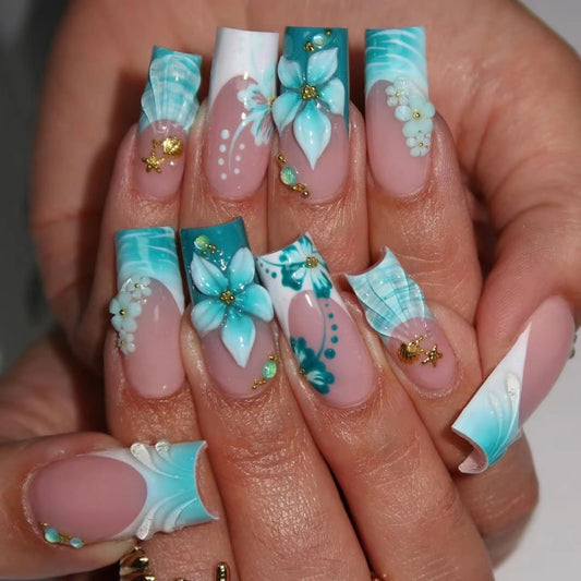 MISUD Press on Nails - Long Square Fake Nails with Green, Acrylic Handmade 3D Flower Design 24 pcs
