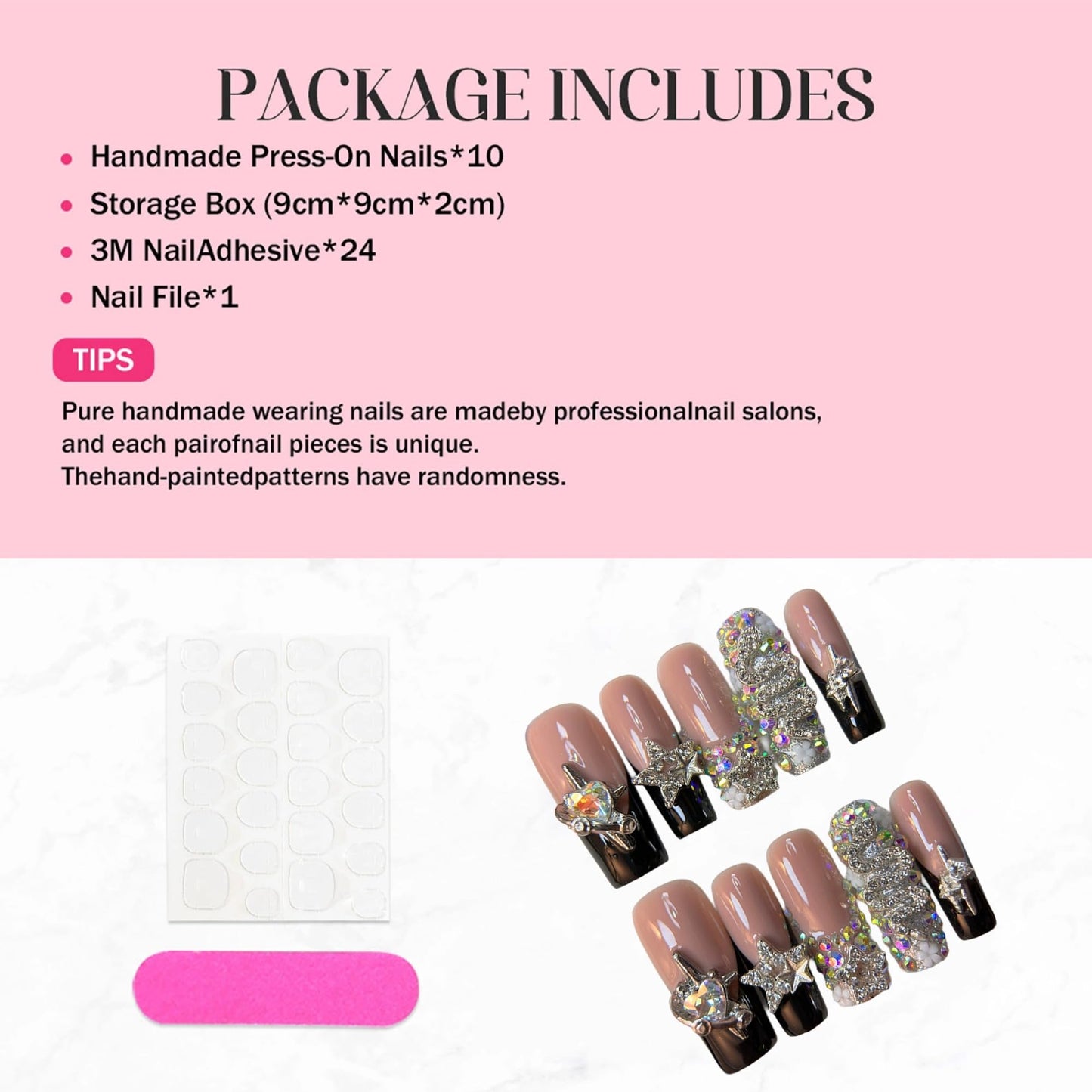 Handmade Press on Nails Long Square Fake Nails Black French Tip False Nails with Glue 3D Luxury Reusable Rhinestone Design Acrylic Nails Press Ons Sparkly Stick on Nail for Women 10Pcs(Size M)