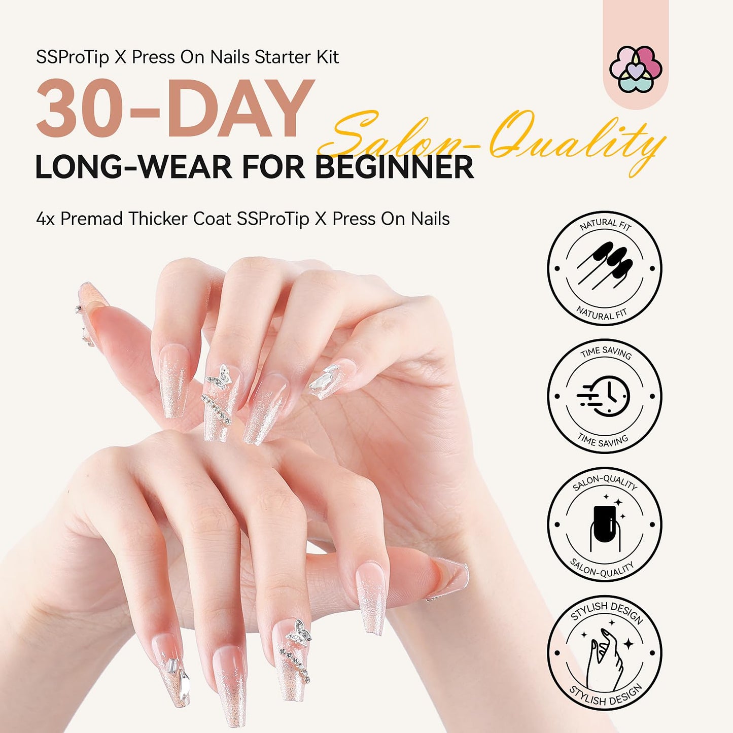 SAVILAND Silver Shiny Press On Nails Starter Kit: Pre-Designed Long-Wear Fake Nails Gel Nail Kit Press Ons 100% Acrylic Tips U V Nail Light Cured GEL Nail Glue False Nails DIY Art Set