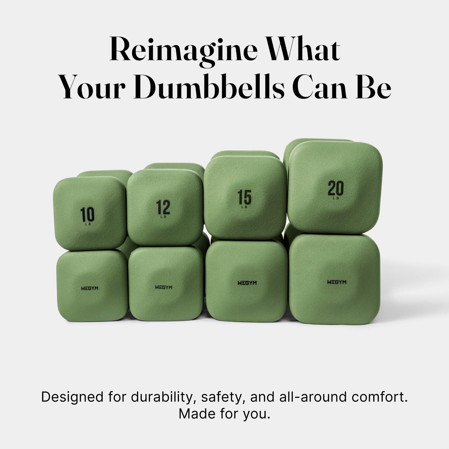 WeGym SafeGrip Square Dumbbells with Anti Slip Handles, Aesthetic Free Weights for Home Workouts, Stable Design Prevents Rolling during Floor Exercises (15LB, Pair Forest)