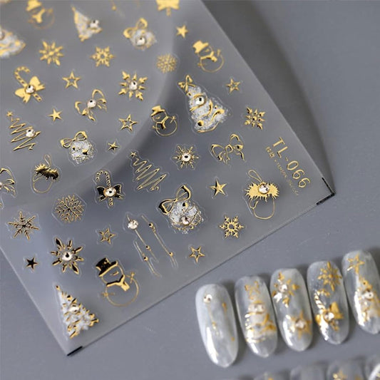 Christmas Nail Art Stickers Gold Nail Stickers Snowflake Snowman Xmas Tree Nail Decals Star Bow with Rhinestones Design 5D Embossed Nail Art Supplies for Winter Holiday Manicure Decorations