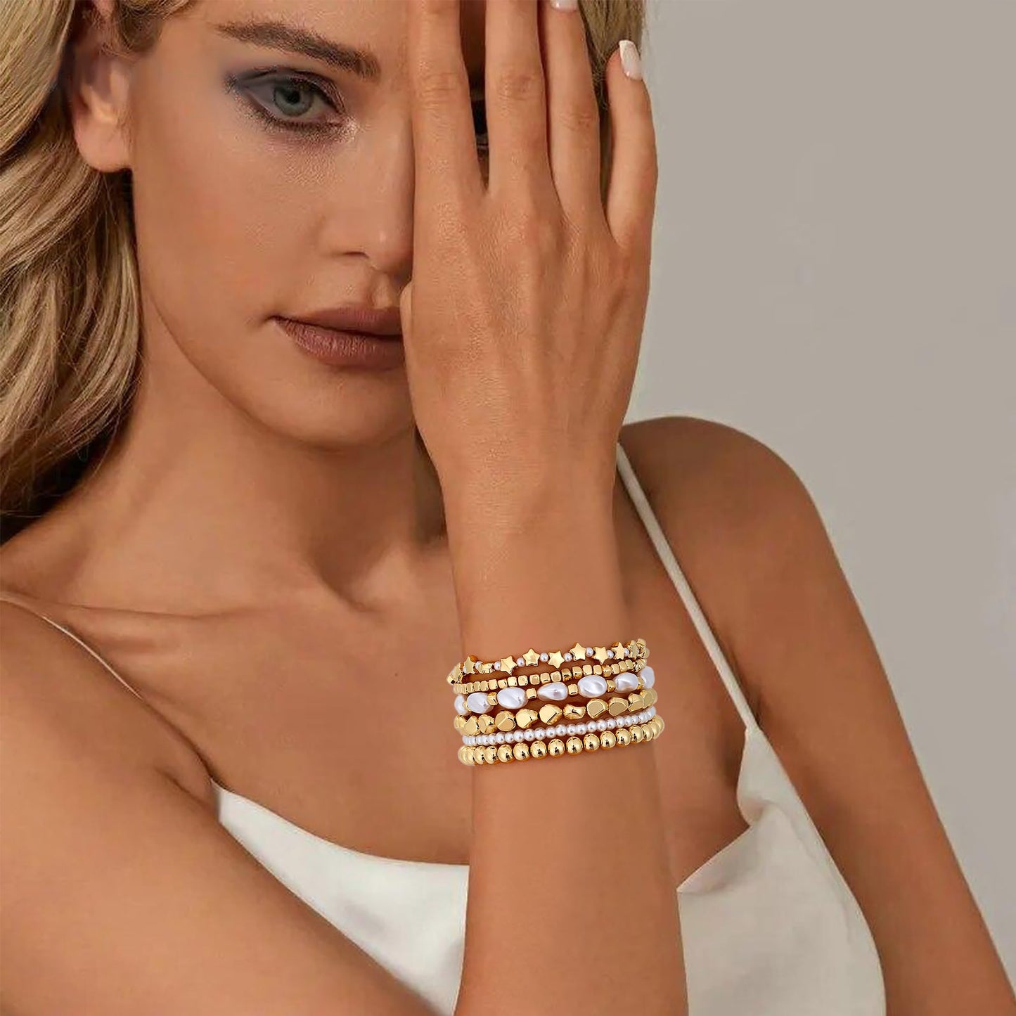 Sajidos Gold Plated Beaded Bracelets for Women Trendy, 14K Gold Plated Stack Cross Pearl Gold Plated Bead Stretch Bracelets Set Elastic Hypoallergenic Bracelets Jewelry Gifts (style11-star)