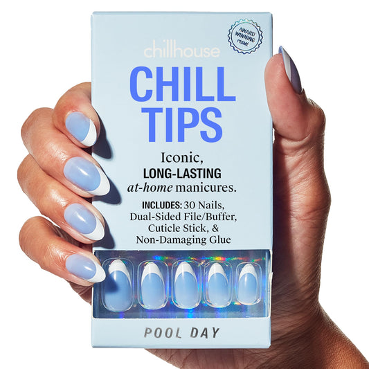 Chillhouse - Chill Tips, French Tip Press On Nails Kit - Pool Day (Almond) - 30 Nail Shapes & Sizes - 2 Weeks of Wear - Customizable Fit - French Manicure Kit - Women Owned - Beauty & Self Care