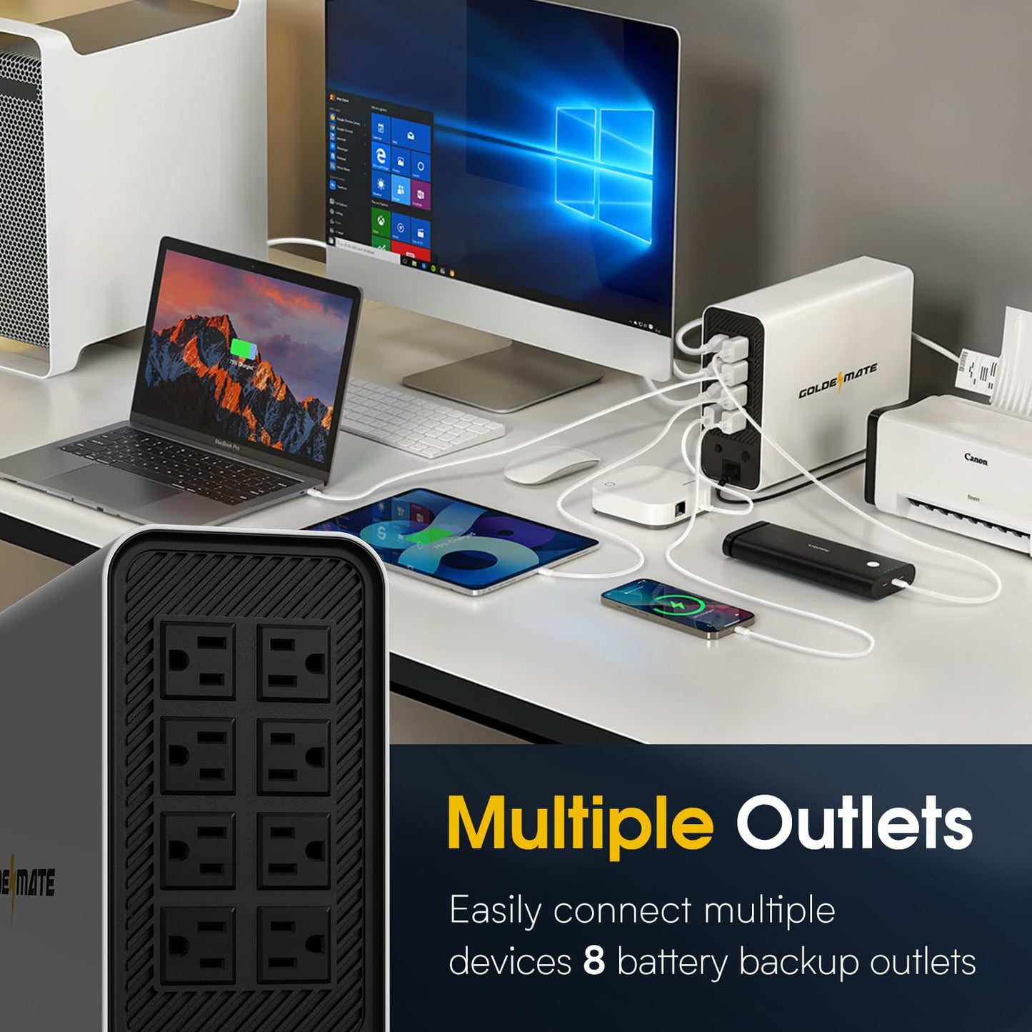 GOLDENMATE 1000VA/800W Lithium UPS Battery Backup and Surge Protector, Backup Battery Power Supply with LiFePO4 Batteries(230.4 Wh), Pure Sinewave UPS System, 8 Outlets, LCD Display, New Upgrade Ver