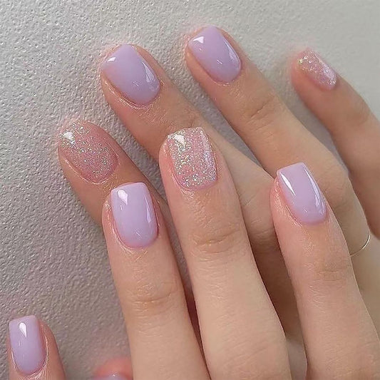 Purple Press on Nails Short Square MABKJLF Fake Nails False Nails with Designs Glitter Solid Colour Full Cover Glossy Glue on Nails Natural Nails Acrylic Nails for Women Girls 24 Pcs