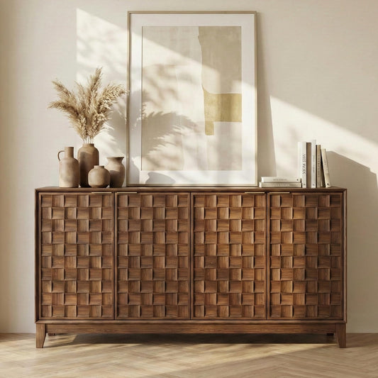 COLAMY 60" Sideboard Buffet Cabinet with Storage, Modern 3D Checkerboard Credenza with 4 Doors & Solid Wood Legs, Large Kitchen Coffee Bar Console Table for Dining Room, Living Room,Walnut Black