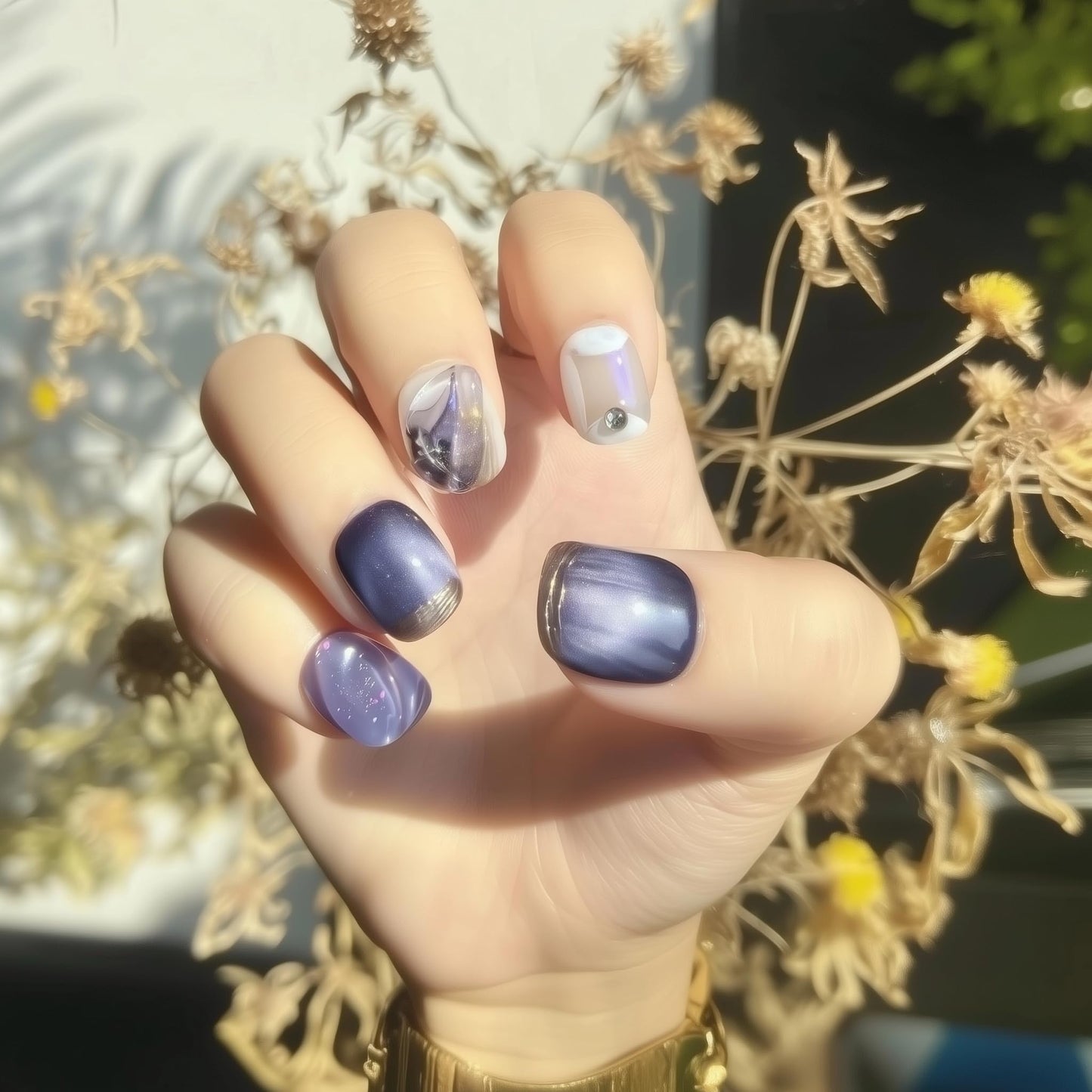 Fine Point Handmade Press On Nails - Short Purple Aurora Shine with Blooming Effect Ink Art, Gold Accents, Iridescent Metallic Glitter - Fake Nails, Nails Press Ons, Short Press On Nails (Size Medium)