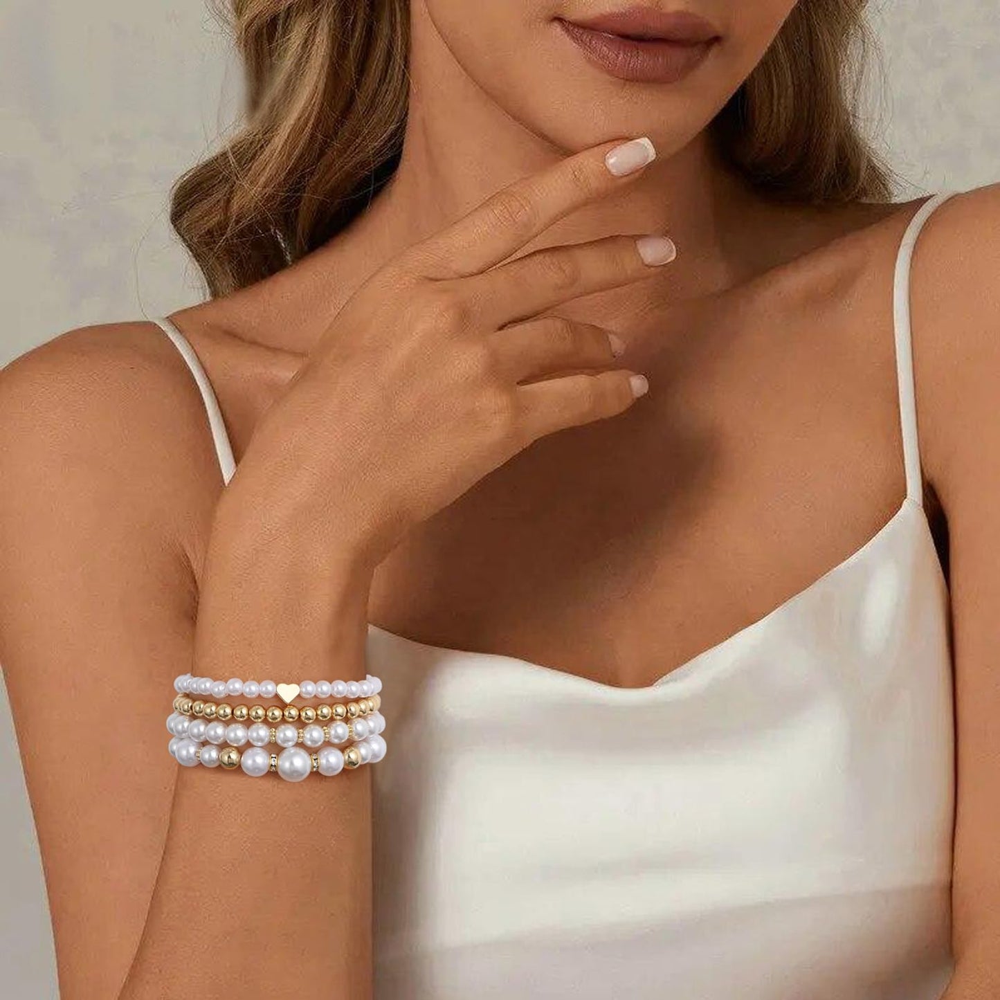Sajidos Gold Plated Beaded Bracelets for Women Trendy, 14K Gold Plated Stack Cross Pearl Gold Plated Bead Stretch Bracelets Set Elastic Hypoallergenic Bracelets Jewelry Gifts (style11-1)