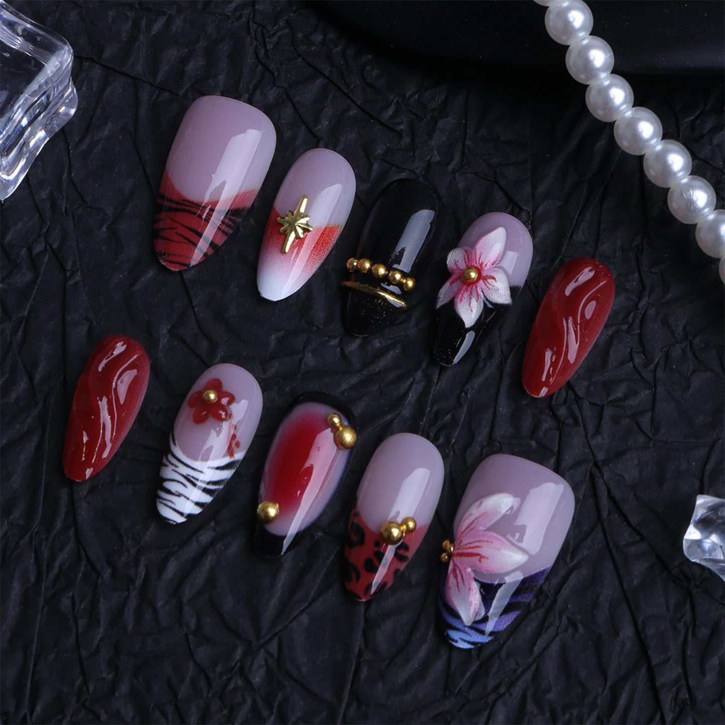 SEENEEY Almond Press on Nails Long Fake Nails Red Artificial Nail Black French Pink Floral and Gold Charm Designs Cute Stick on Nail for Women 24pcs
