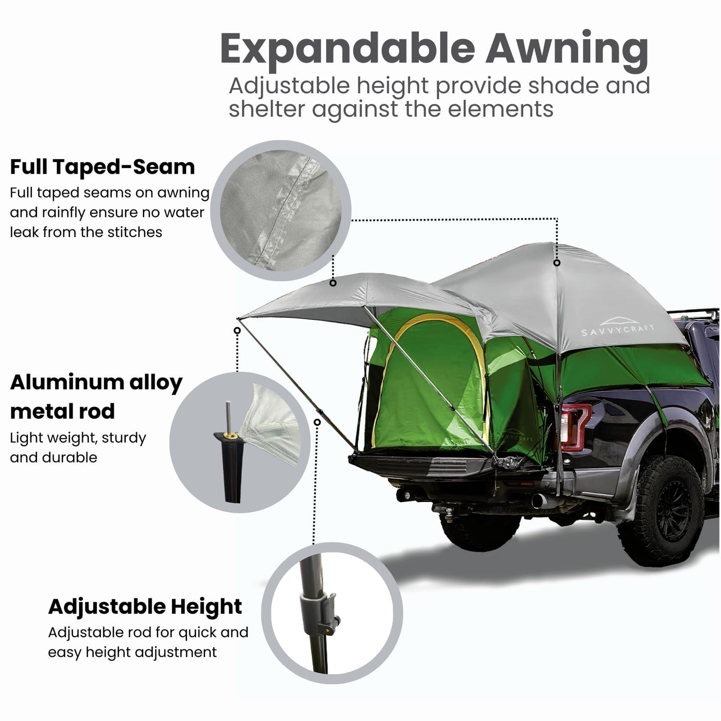 Savvycraft Pickup Truck Bed Tent for Full Size Truck 6.4'-6.7' Bed, Waterproof P3000mm 2-Person Double Layer Truck Bed Camping Tent, Expandable Awning, Rainfly, Storage Bag Included Green/Gray