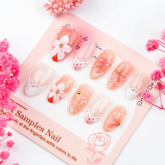 plalely Long Press on Nails Almond, Acrylic Press on Nails with Flower Designs, Long Almond Nail Tips for Women 24pcs