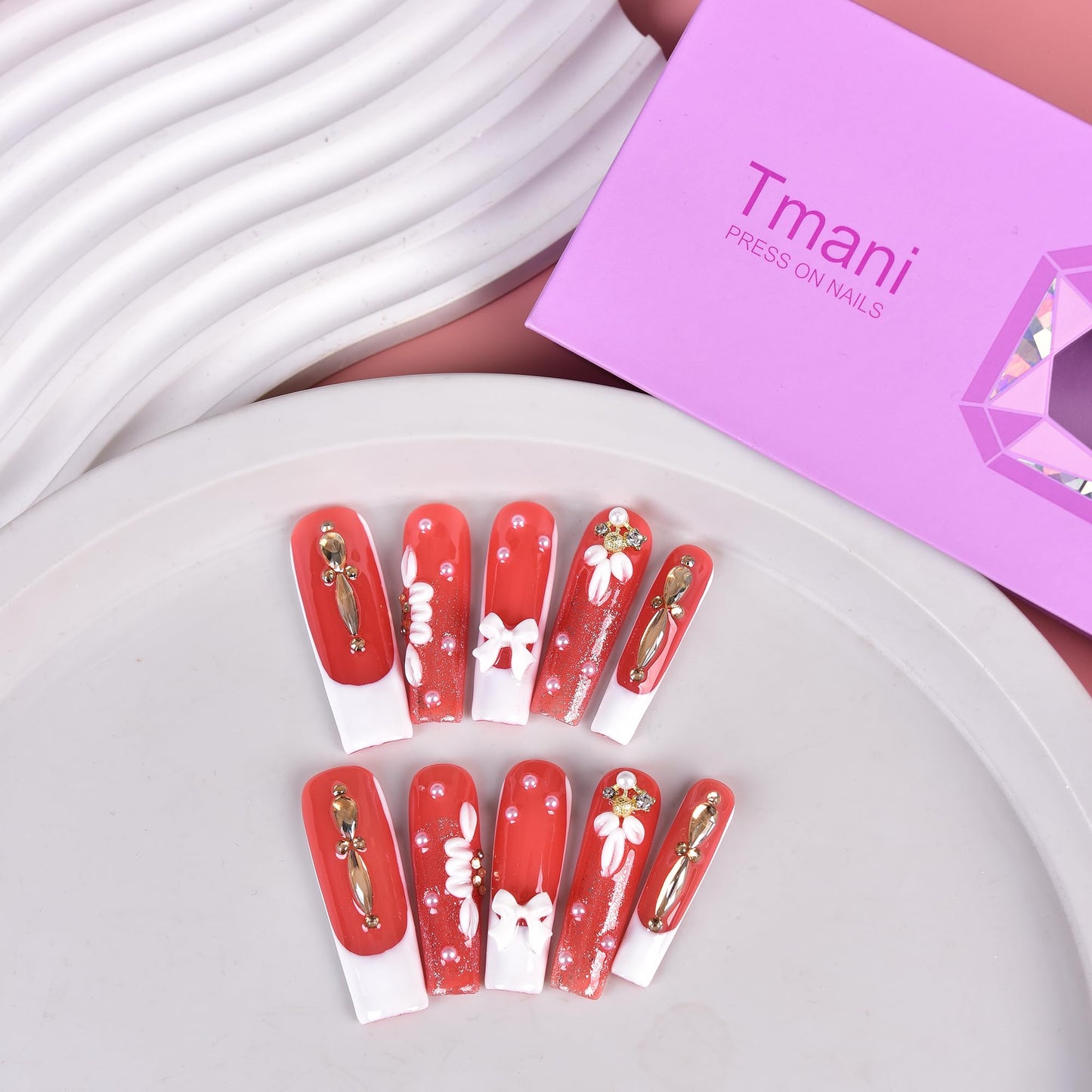 Tmani 10pc/set Extra Long Handmade Press On Nail Hot Girl's Long Ballet Square Nail Full of Diamond Glitter Decoration Fake Nails Suitable For Girls Festival Parties and Birthday Gift（148,Size-S)