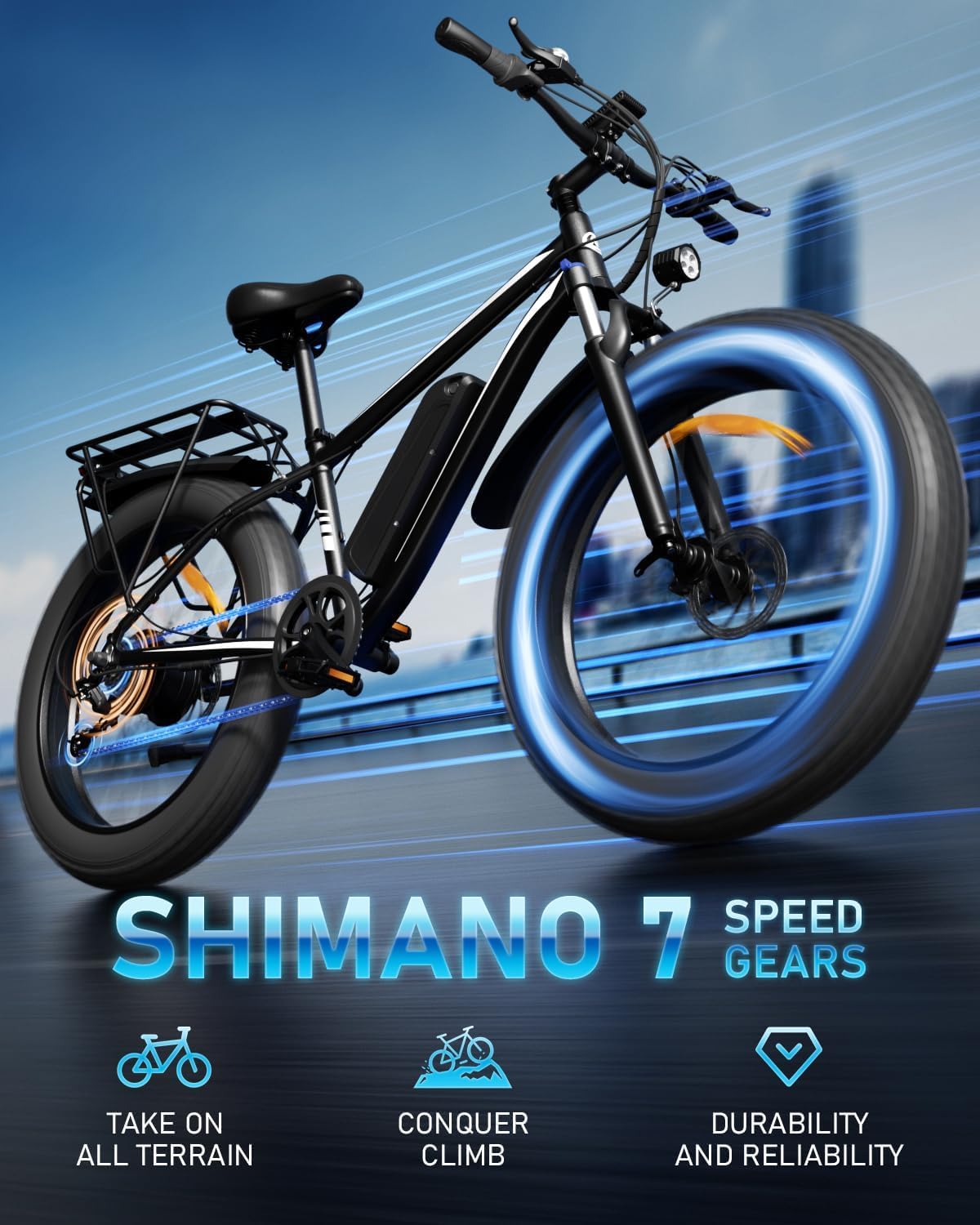 SUNTIBYE EB26 Peak 1500W Electric Bike for Adults with 26" Fat Tire and Removable 48V15AH Battery Electric Bicycles Mountain Dirt eBikes 28mph 60 Miles 7 Speed Gears E-Bike for Off-Road Commute,Blue