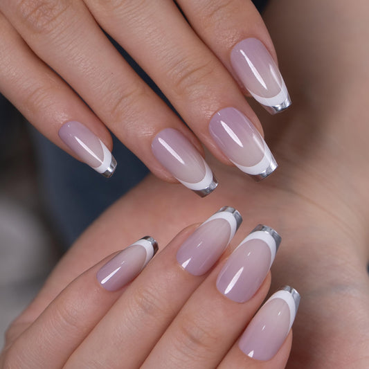 CurvLife Soft Gel Coffin Ballerina Press-On Nails Medium,30Pcs Reusable Fake Nail Tips with Adhesive Tabs, Salon-Quality Stick-On Nails for At-Home Manicure (Silver Contour)