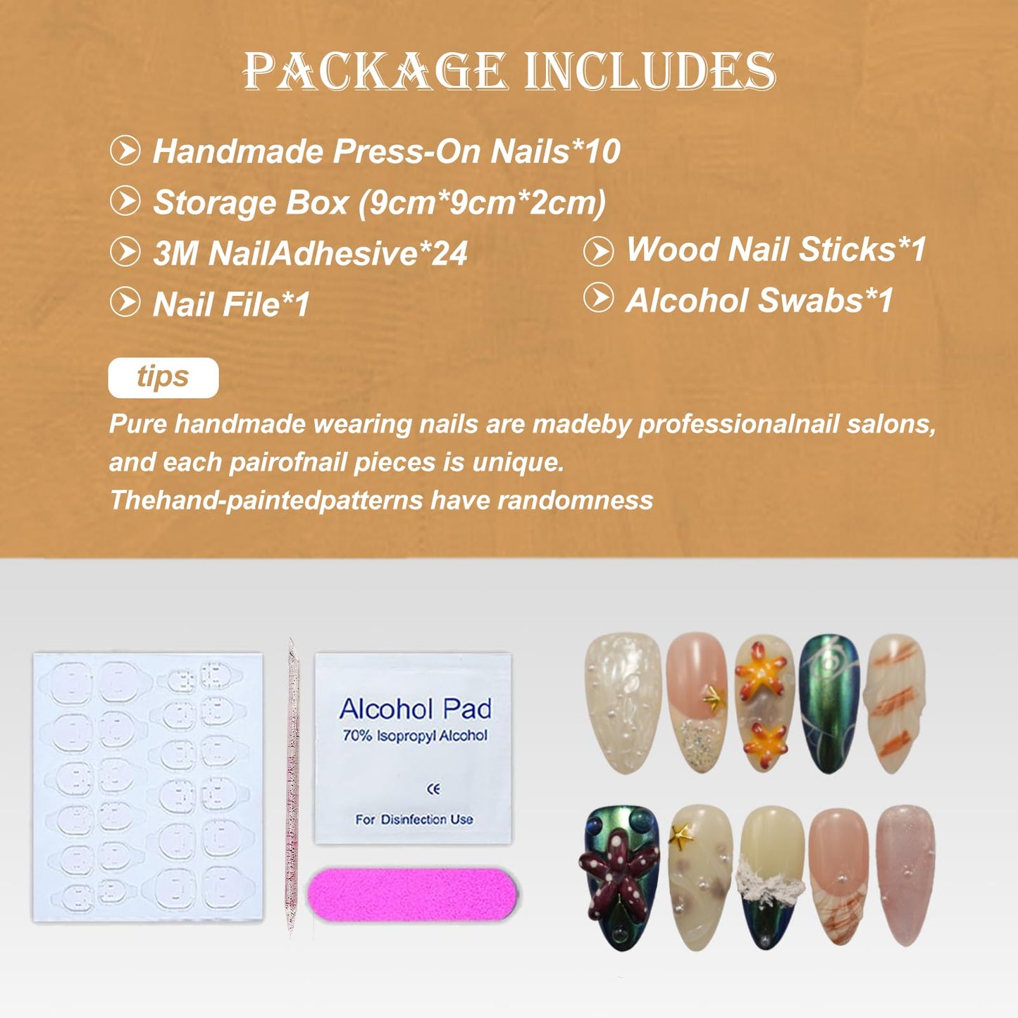 Handmade Press-On Nails – Medium Almond French Tip 3D Butterfly & Brown gradient Flowers Nails,Salon-Quality Reusable Fake Nails,Handcrafted Multi-Layer Gel & Acrylic Nails M SIZE