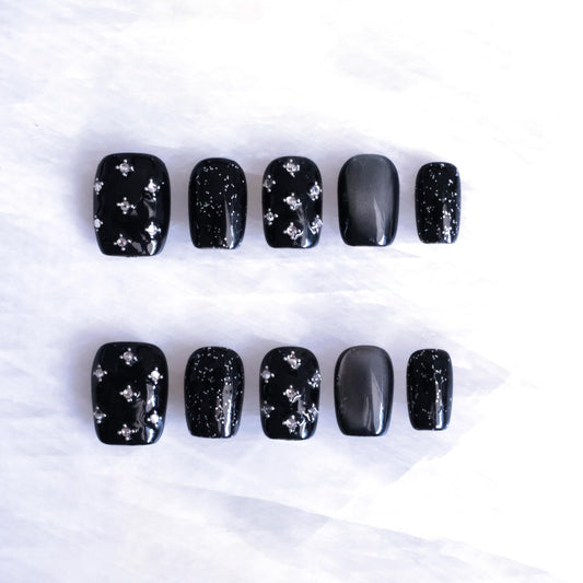 BlackStar - Handmade Press on Nails, Black Starry Sky with Cat Eye, Rhinestone Bling, Short Square Shape, 10PCS (Small Size, SS)