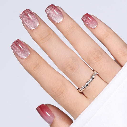 Red Cat Eye Press On Nails Square - Ombre Pink Short Square Fake Nails, Red Cateye Press On Nails Reusable Stick On Nails in 15 Sizes, 30pcs False Nail Kit for Women & Girls (Blush Tides)