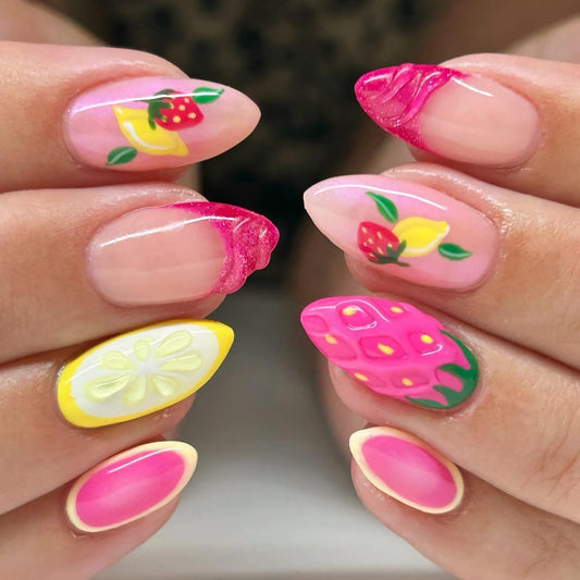 BABALAL Press On Nails, Medium Almond Fake Nails, Pink Yellow with 3D Strawberry Lemon & Bright Summe Design, Glossy Summer Fruit Kawaii Glue On Nails 24Pcs