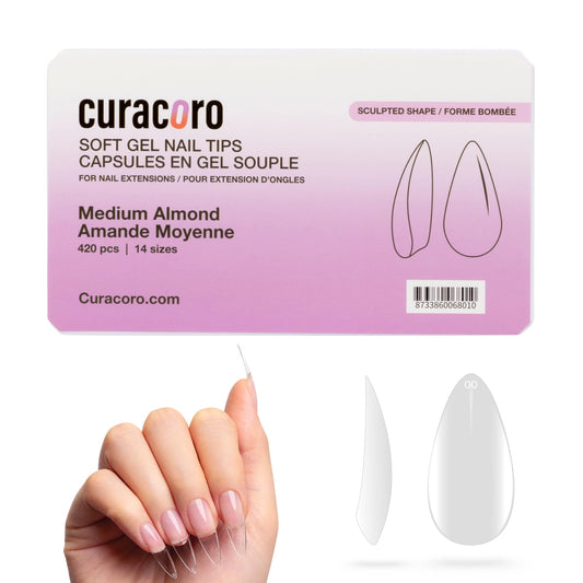 Curacoro Sculpted Medium Almond Gel Nail Tips 420Pcs, Clear Full Cover Soft Acrylic Tips 14 Sizes, Easy to Use, Long-Lasting, Glossy Finish