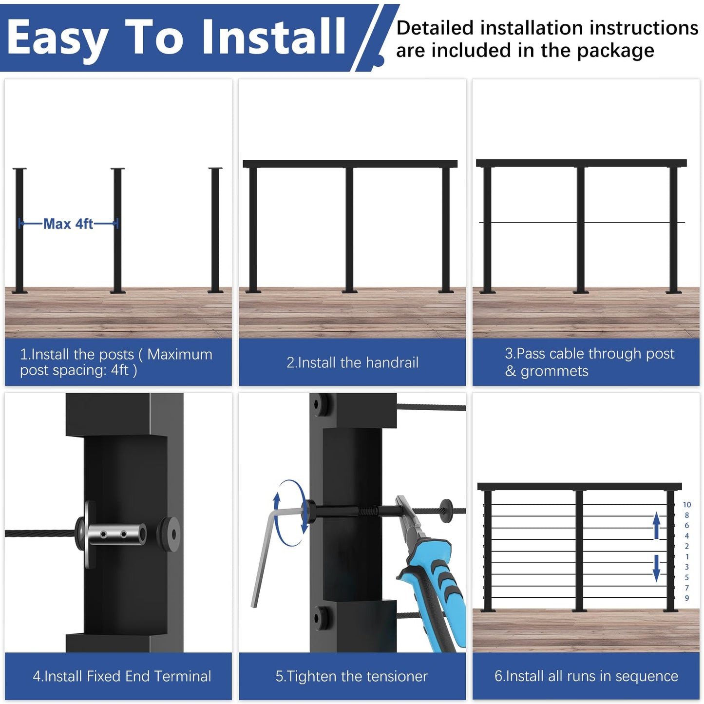 Zylorix 36" Swageless 12-16FT Black Complete Cable Railing System Post Kit with Handrail Cuttable, T304 Stainless Steel, Modular Pre-Cut 1/10" Cable Railing Kit with Level Post Easy DIY for Deck Porch