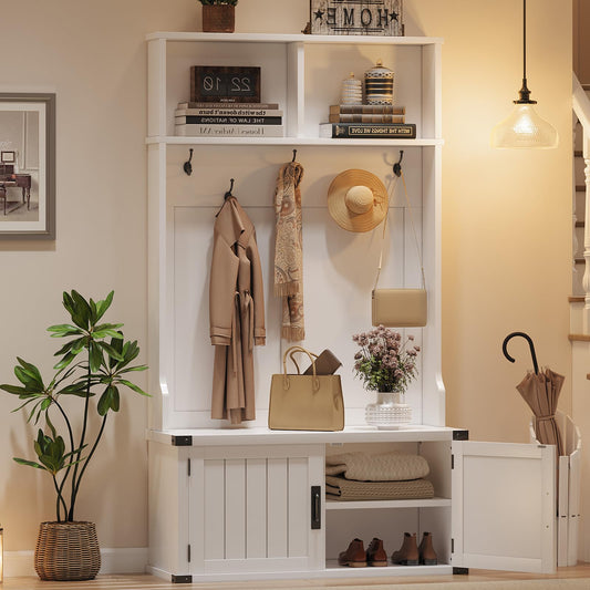 IDEALHOUSE 76" Hall Tree with Bench and Shoe Storage, Farmhouse 4-in-1 Entryway with Coat Rack & 5 Tri-Hooks, Adjustable Shelf, White Mudroom Bench with Storage Seating, Space Saving, White