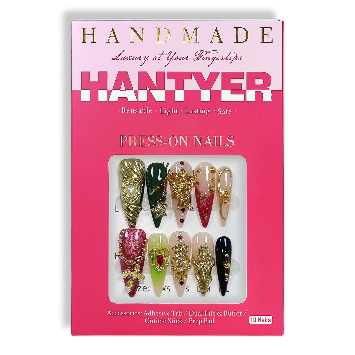Hantyer Pink Baroque Press on Nails with Water Ripple Carving, Angel Statue, Cross & Rhinestones, Long Stiletto Glossy Luxury Fake Nails, Reusable Edgy Glam False Nails for Women Gala Party (Size S) ﻿