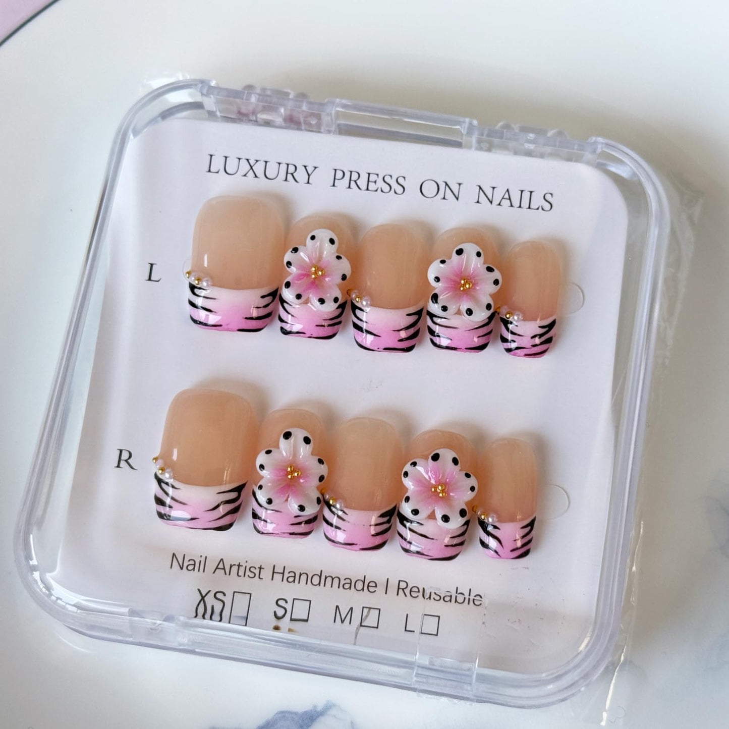 Haozerart Short Square Handmade Press on Nails 10Pcs - Luxury French Style Fake Nails with 3D Floral & Zebra Print, Shiny Cute False Nails for Women and Girls (M Size)
