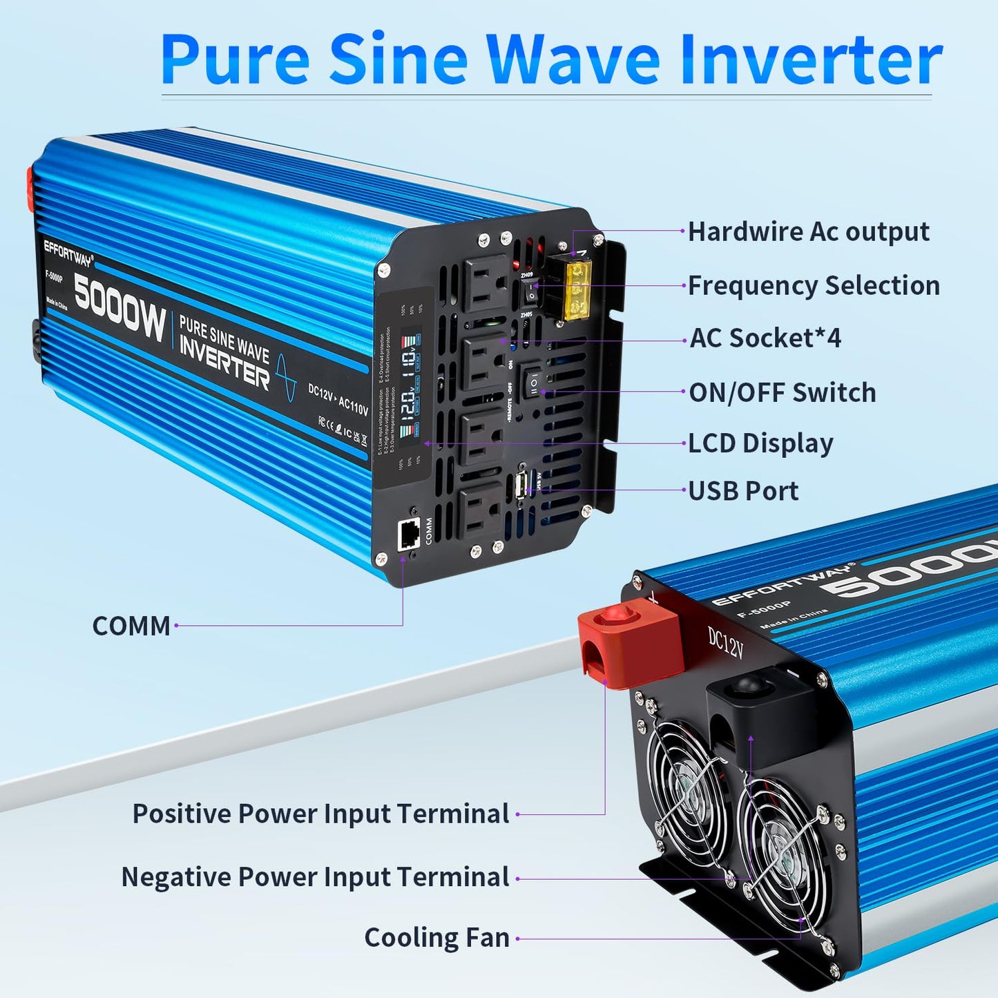 5000W Pure sine Wave Inverter DC 12V to AC 110V/120V Converter 10000w (Peak) with LCD Display Wireless/Wired Remote Control 4AC outlets 4USB and Hardwired AC.Ideal for RV Travel Off-Grid Solar Systems