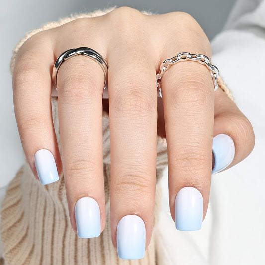 Leefrei Press On Nails - Short Square Blue Fade Press on Nails Glossy Finish Nails Press Ons for Women DIY Fake Nails Kit with Glue, Reusable Glue on Nails Short in 15 Sizes - 30pcs, Sky Fade