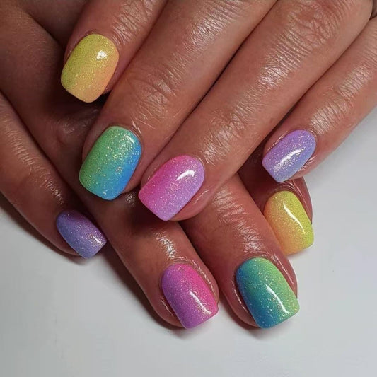 Rainbow Gradient Glitter Press on Nails Medium Square Shape Glossy Finish Reusable False Nails Easy Apply Fashion Party Wedding Durable Trendy Women Girls Acrylic Stick on Nail Art 24 Pcs