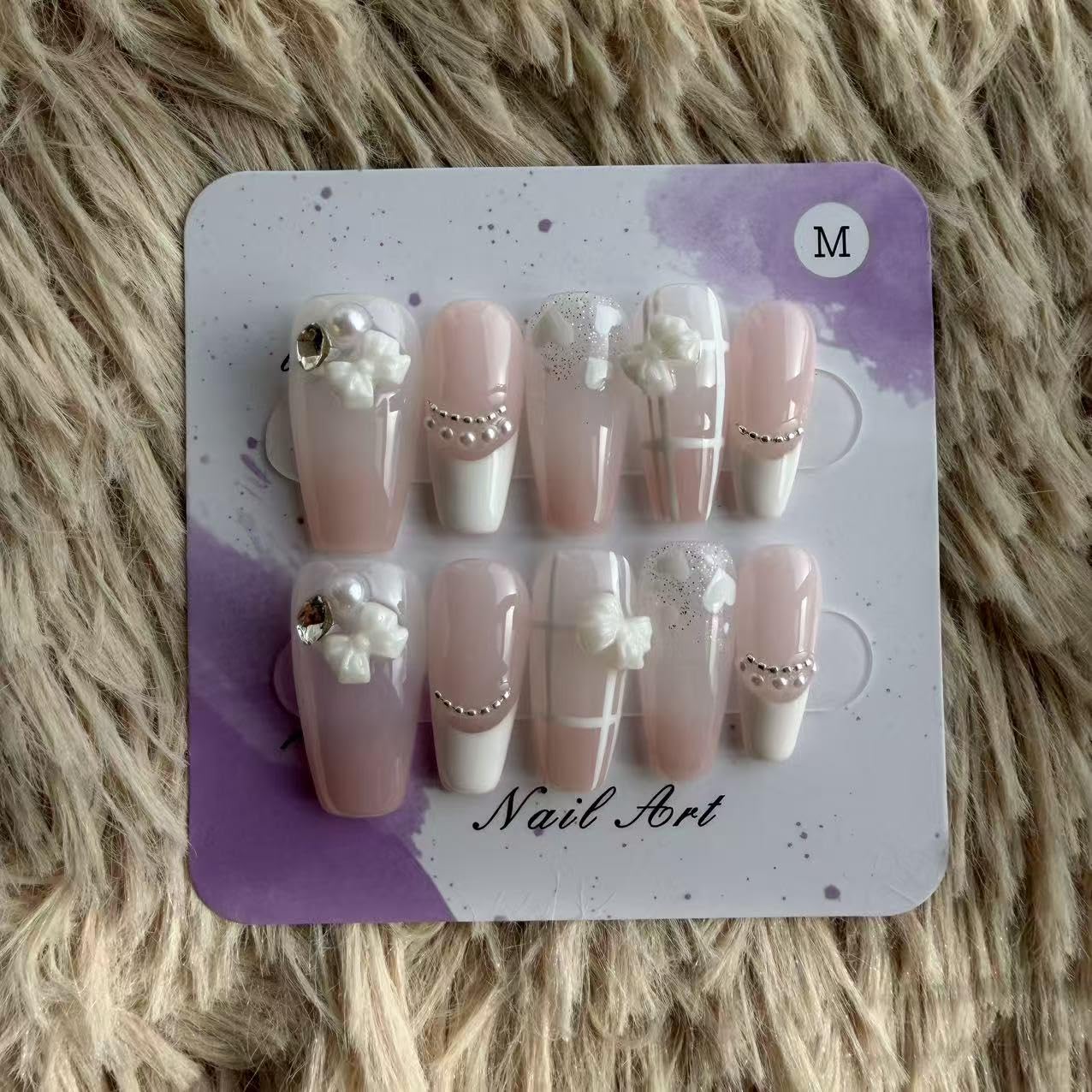 Handmade Wearing Armor Light Pink High end Style Atmosphere Bow 3D Relief Nail Patch Medium Size