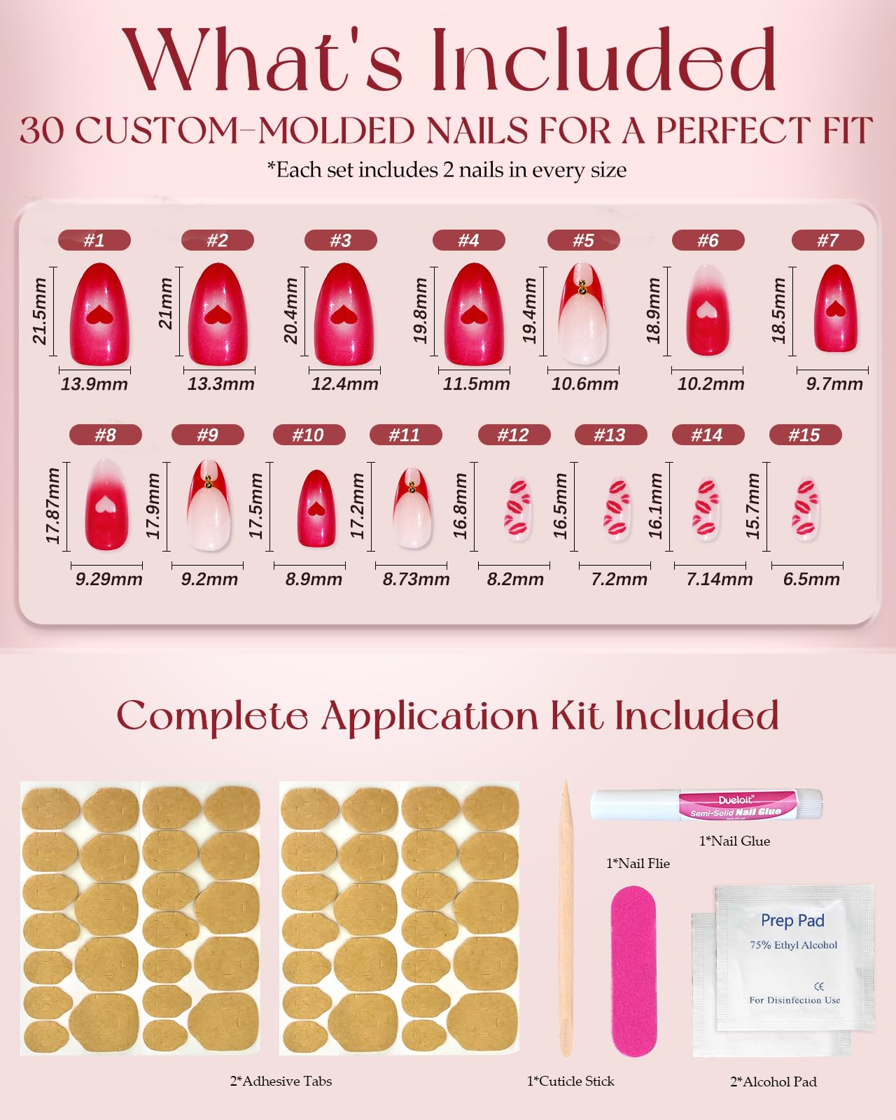 Buleens Valentine’s Medium Almond Press on Nails for Date-Pink Hearts and Lips Handmade Fake Nail for Women, Stylish outfits Gifts for Girls,15 Sizes, 30 Kits with Glue