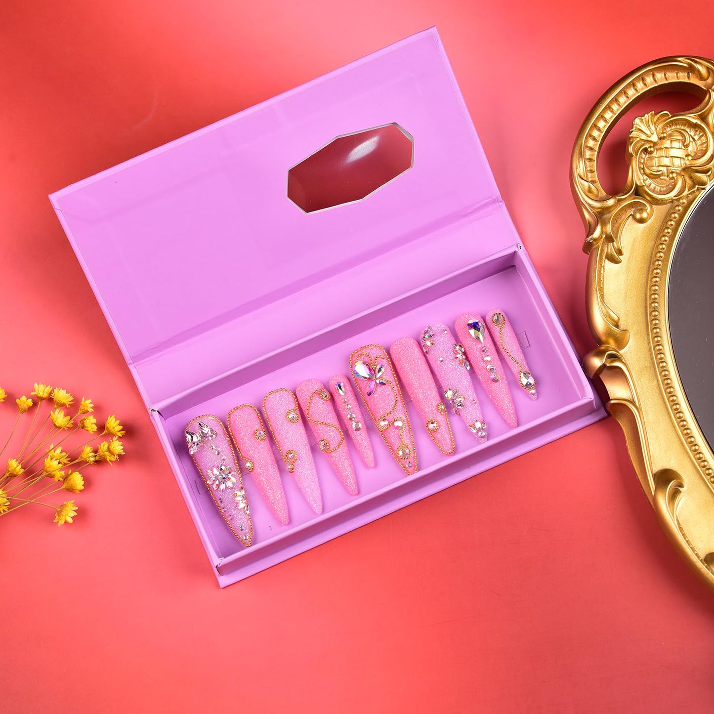 Tmani 10pc/set Extra Long Handmade Press On Nail Hot Girl's Long Ballet Nails Pointed Nail Full of Diamond Glitter Decoration Fake Nails Suitable For Girls Festival Parties and Birthday Gift（246,S)