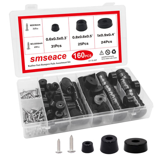 smseace 160PCS(3 Sizes) Black Rubber Feet for Cutting Board, Built-in Stainless Steel Washer and Screws, Soft, Non-Slip, Small Rubber Bumper Feet for Furniture Electronics, Tables, Sofas Etc