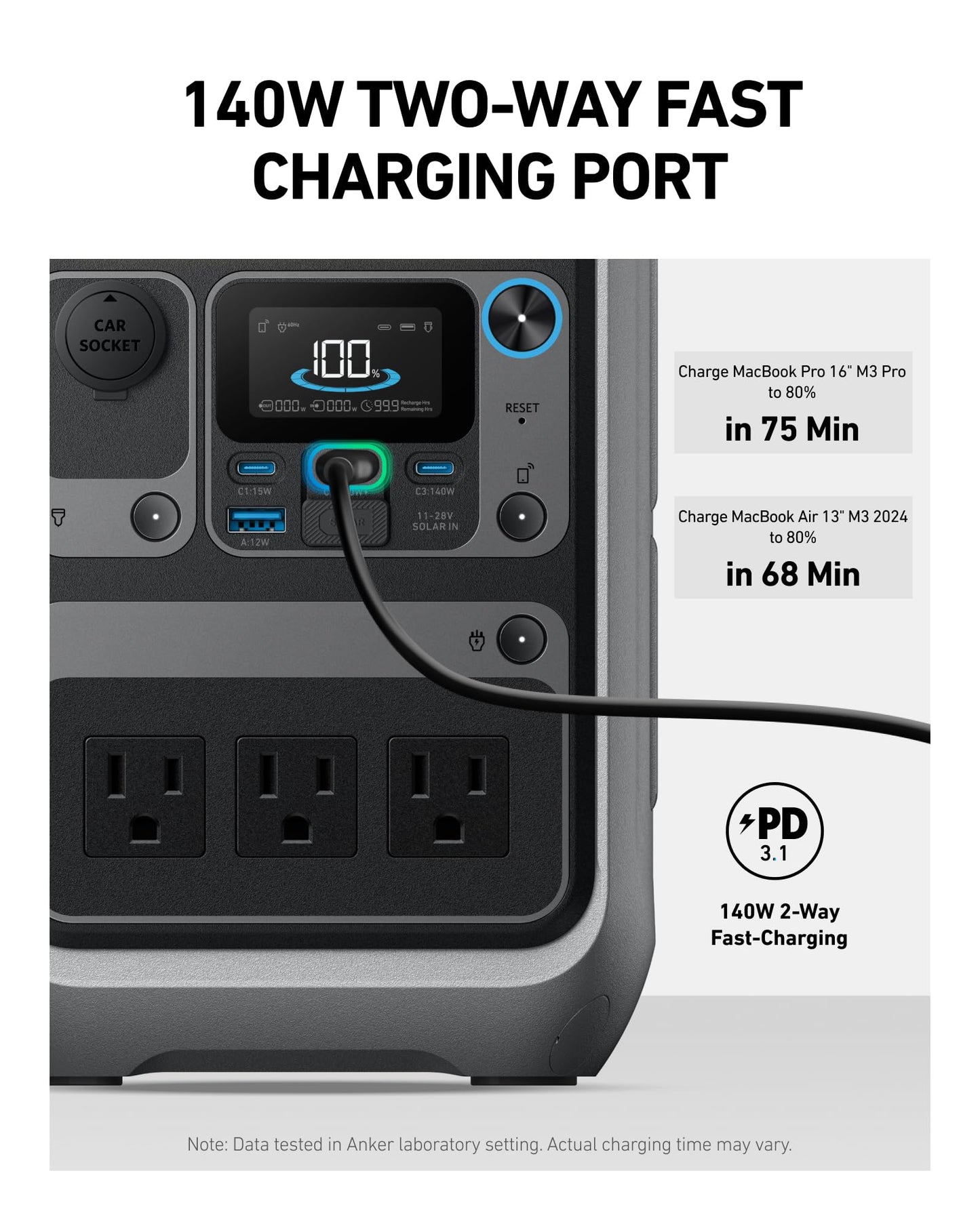 Anker SOLIX C300 Portable Power Station with Car Charging Cable, Outdoor 288Wh LiFePO4 Battery, 300W (600W Surge) Solar Generator, 140W Two-Way Fast Charging, for Camping, Traveling, and Emergencies.