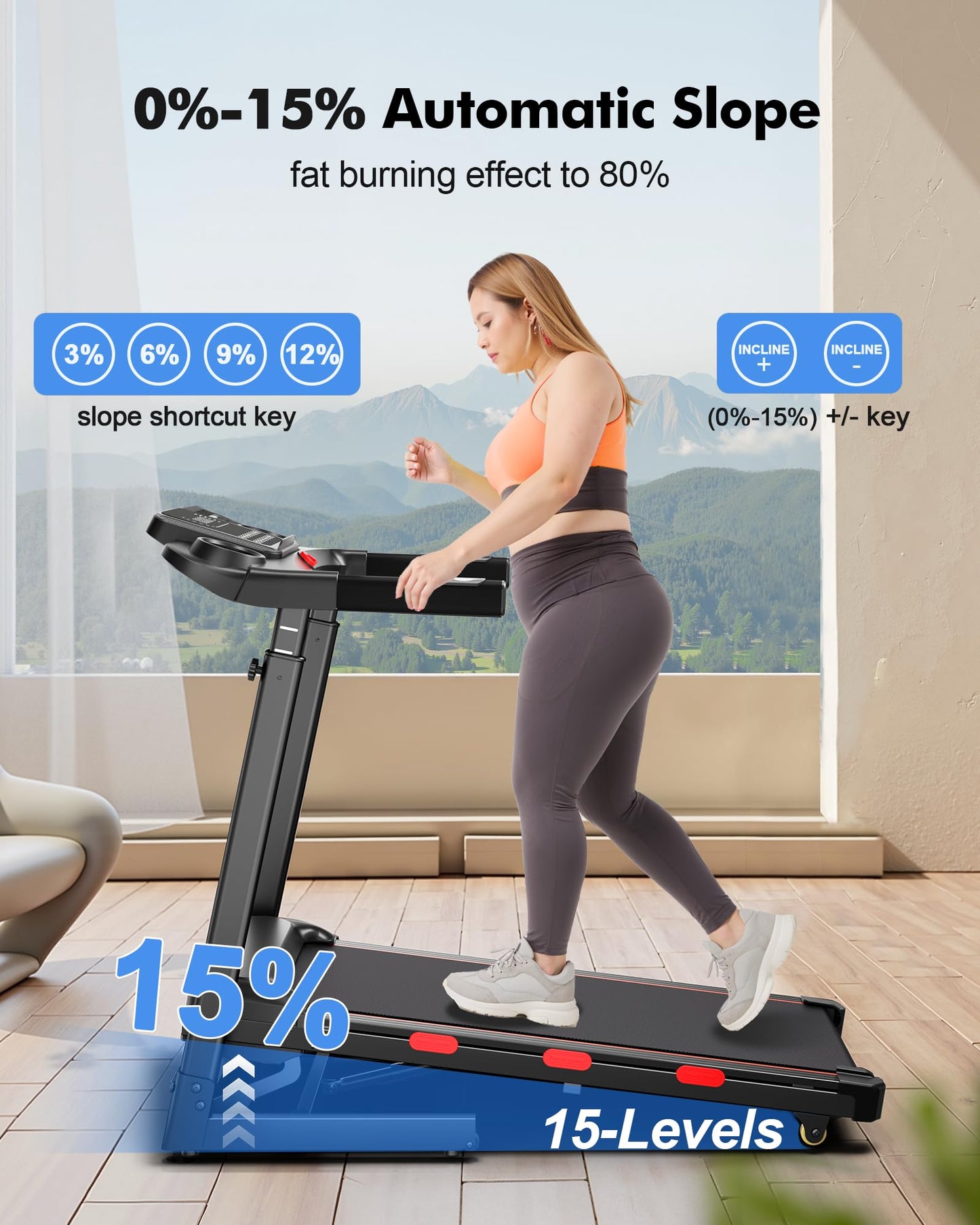 15% Auto Incline Treadmill for Home - Adjustable Height Handle, 350LBS Weight Capacity Folding Treadmills, 8.7MPH/3.5HP Quiet Heavy Duty Treadmill Running Machine with Console (15% Auto Incline)