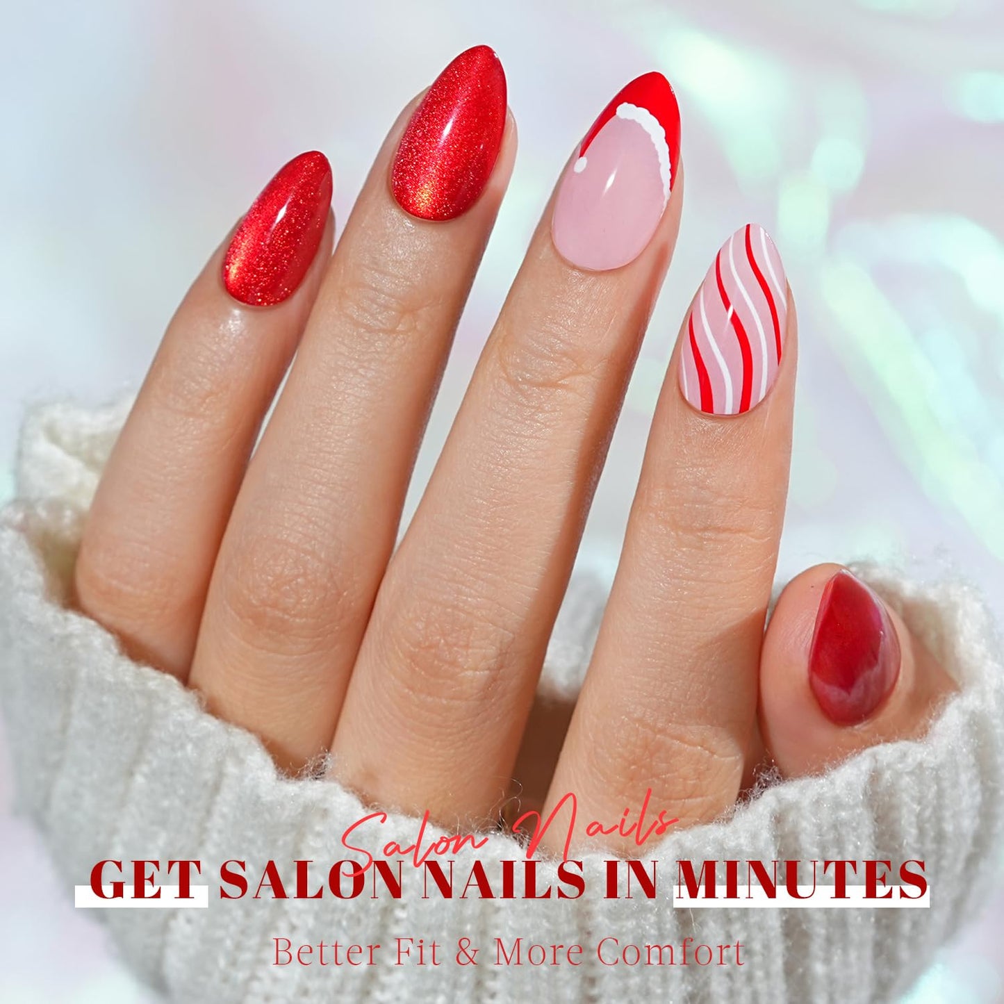 Christmas Press On Nails Almond - Jofay Fashion Red Cat Eye Press On Nails, Swirl Santa Hat Fake Nails with Glue for Women, Glossy Reusable Soft Gel Glue On Nails in 16 Sizes - 32 Stick On Nails Kit