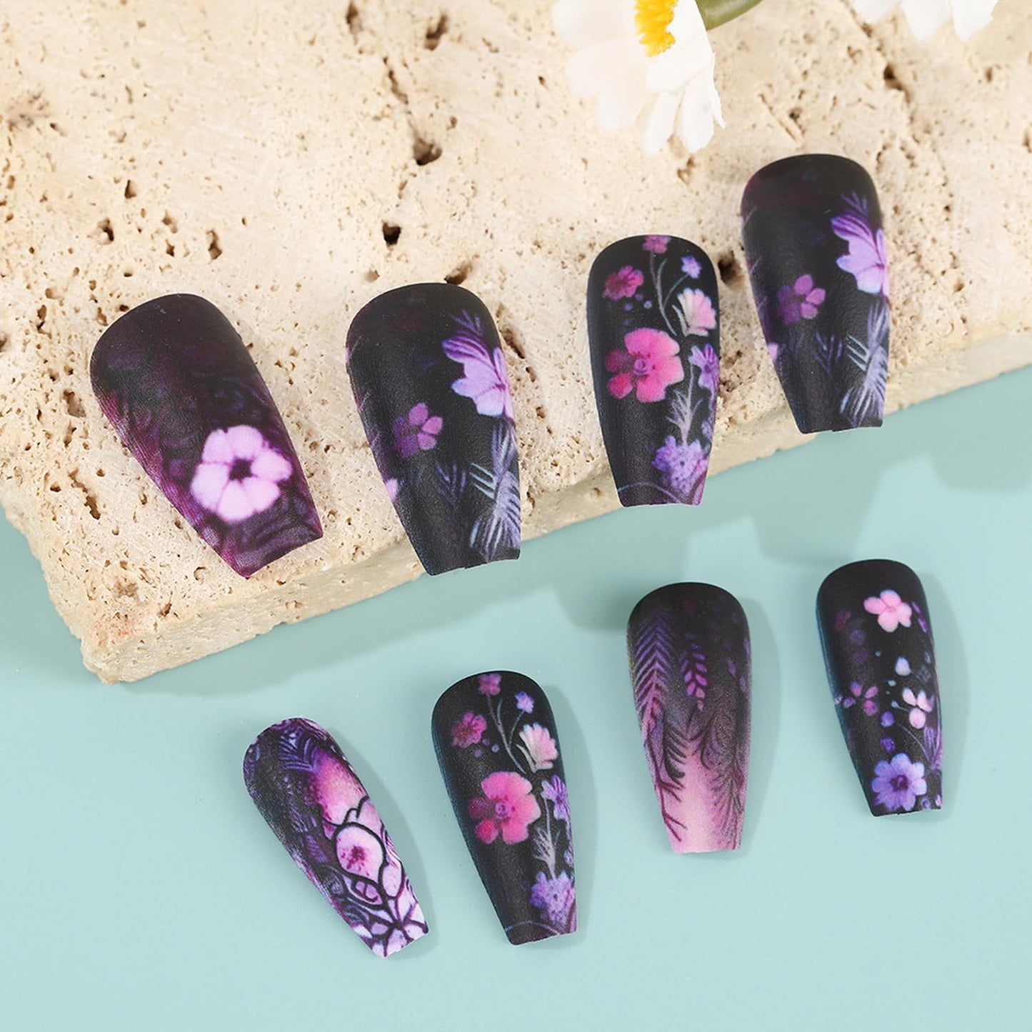 24pcs Flower Press on Nails Medium Length Fake Nails with designs Black Purple Acrylic Full Cover Coffin False Nails Matte Floral Stick on Nail Reusable Gel Glue on Nails for Women Girls Finger Decor