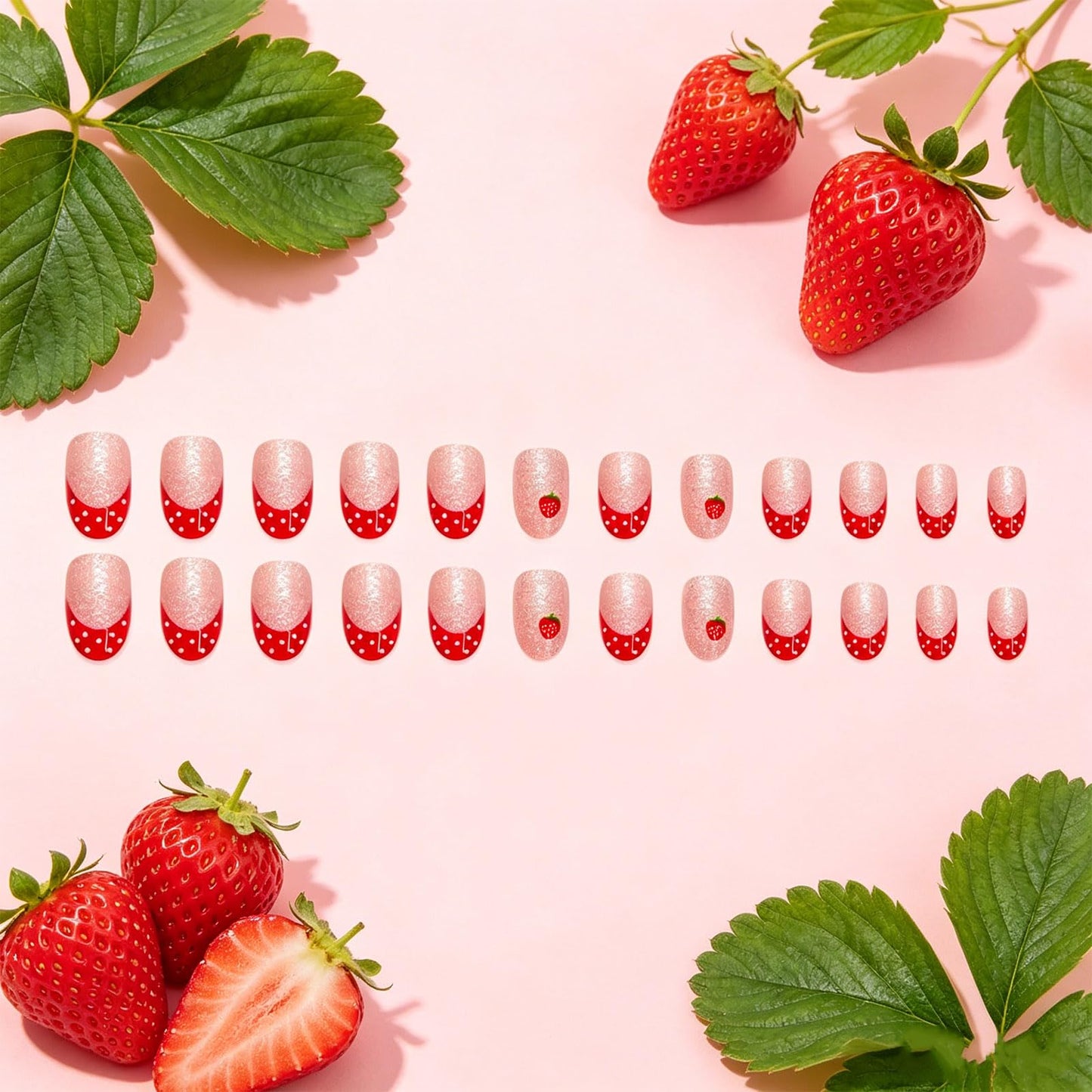 Strawberry Press on Nails Red French Tips False Nails with Fruit Design Medium Oval Fake Nail Glossy Silver Glitter Glue on Nail White Polka Dots Stick on Fingernails for Women Summer Daily Wear