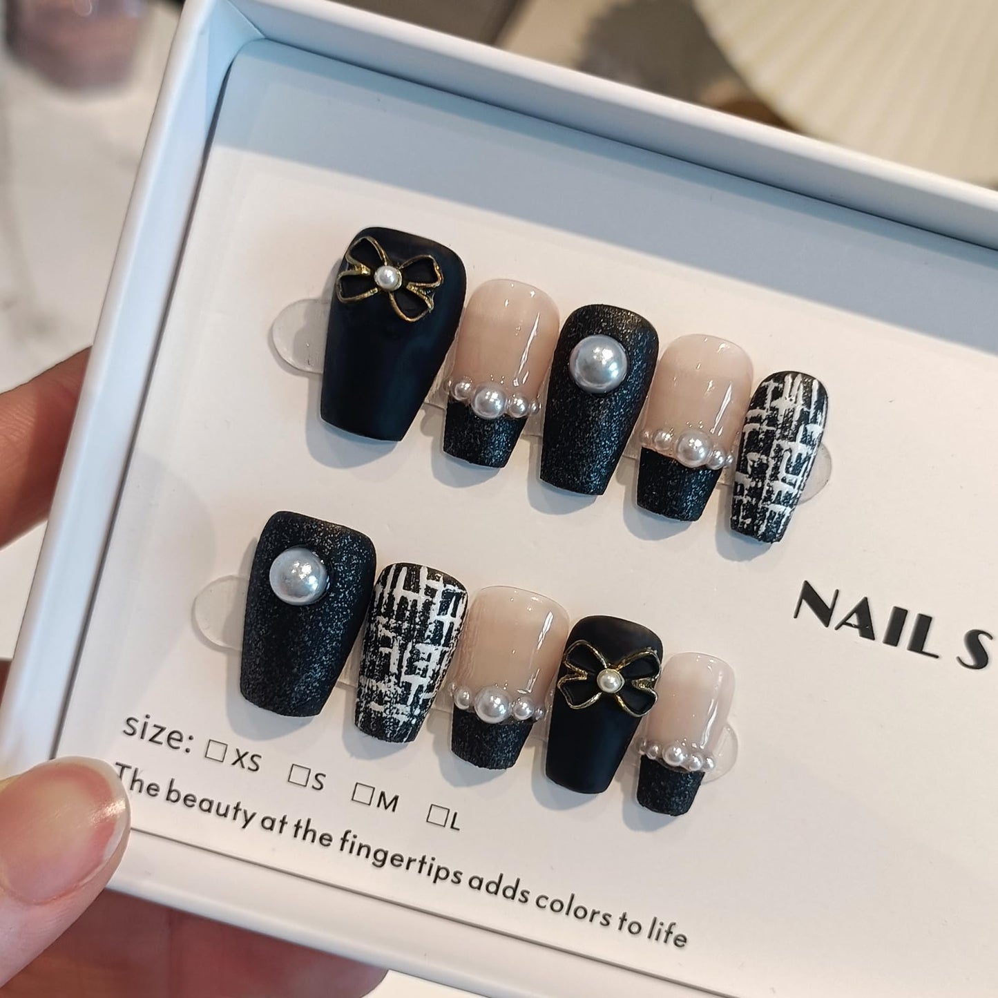 TENPAL Handmade French Tips Press on Nails Medium,Black Gold Pearl & Bow Tweed Coffin,Detachable Luxury Heirloom Elegance for Fair Skin, Acrylic Wedding Nails for Women(XS)