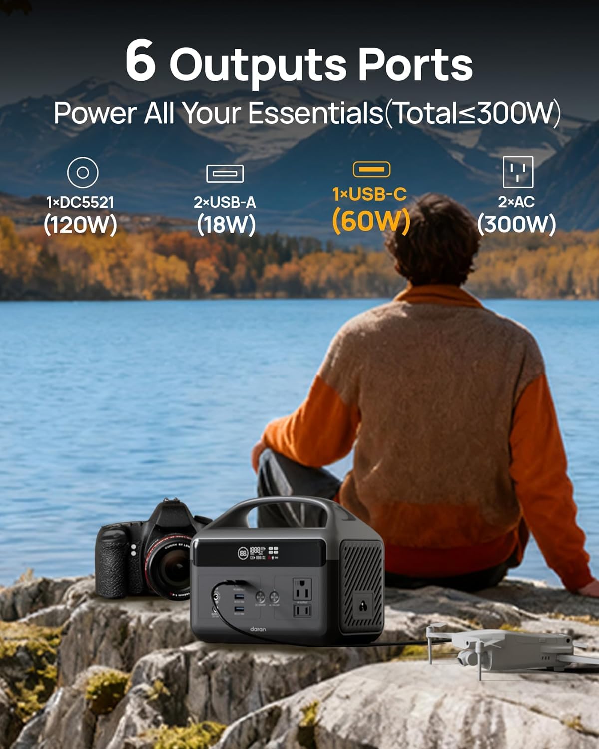 Portable Power Station with Foldable Solar Panels 40w, DaranEner 300w Lifepo4 Battery 60W USB-C Pd, 192Wh Fast Recharge Home Backup Power Bank, Lightweight Solar Generator for Camping, Outdoor Travel