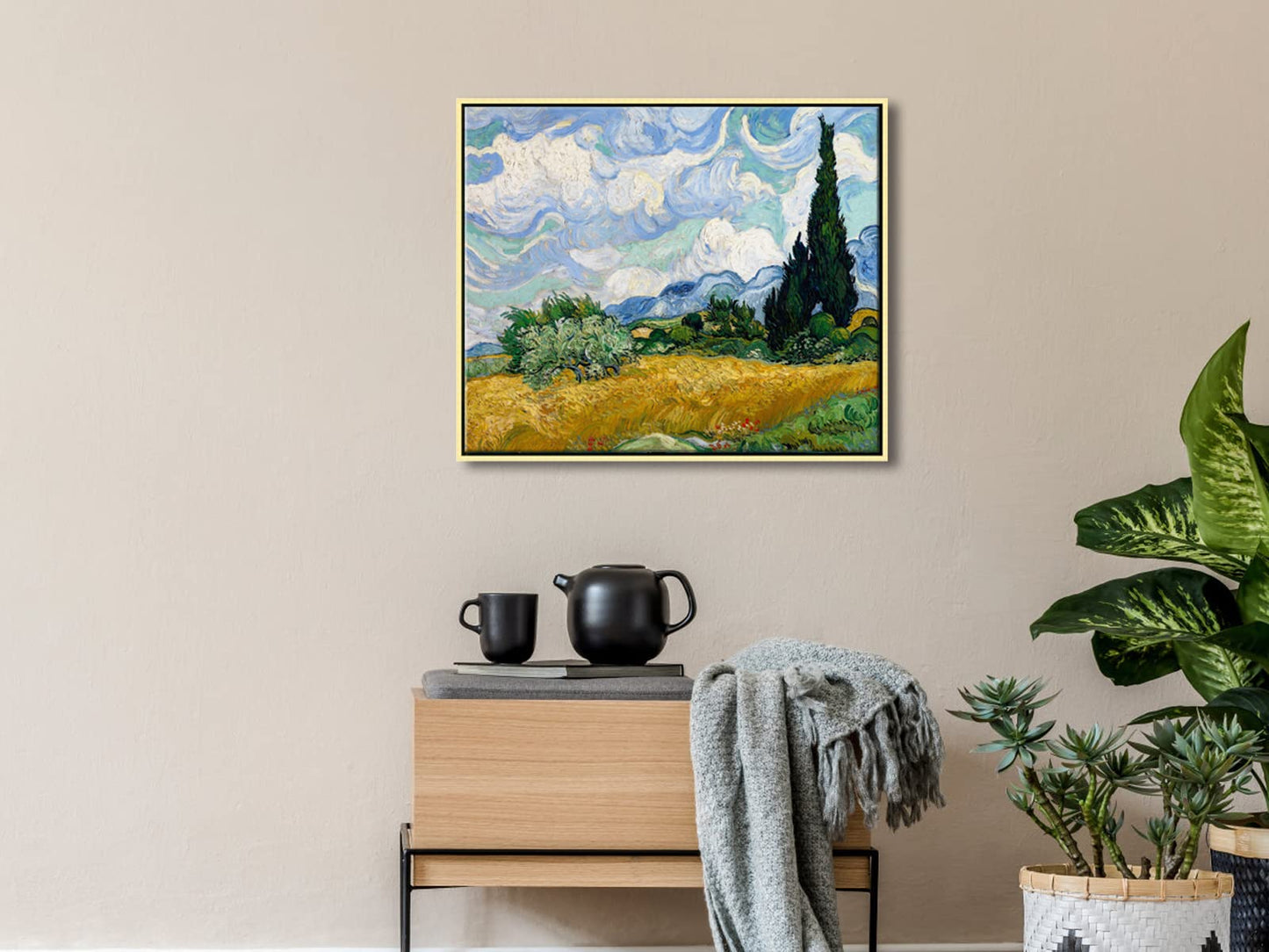 Wieco Art Framed Canvas Art Wheat Field with Cypresses by Van Gogh Impressionist Landscape oil Paintings Canvas Prints Artwork Wall Art for Living Room Home Office Decorations