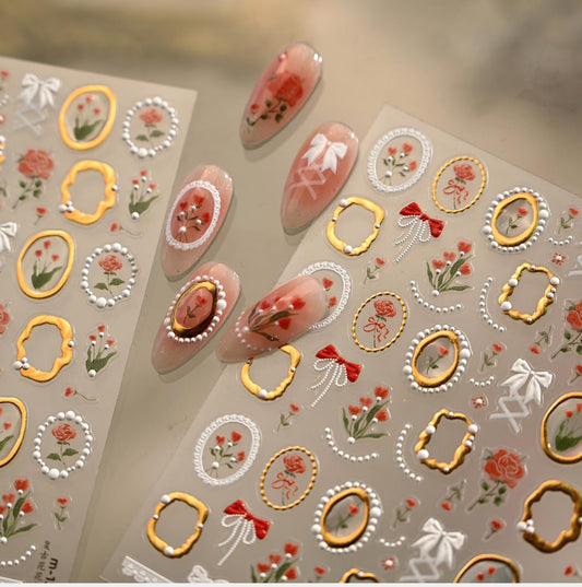 Flower Nail Stickers Tulip Floral Nail Decals with Gold-Trimmed Frames Design,Self-Adhesive Spring Stickers for Natural Acrylic Nails,Easy Apply DIY Manicure Decor for Women Girls 1 Sheet