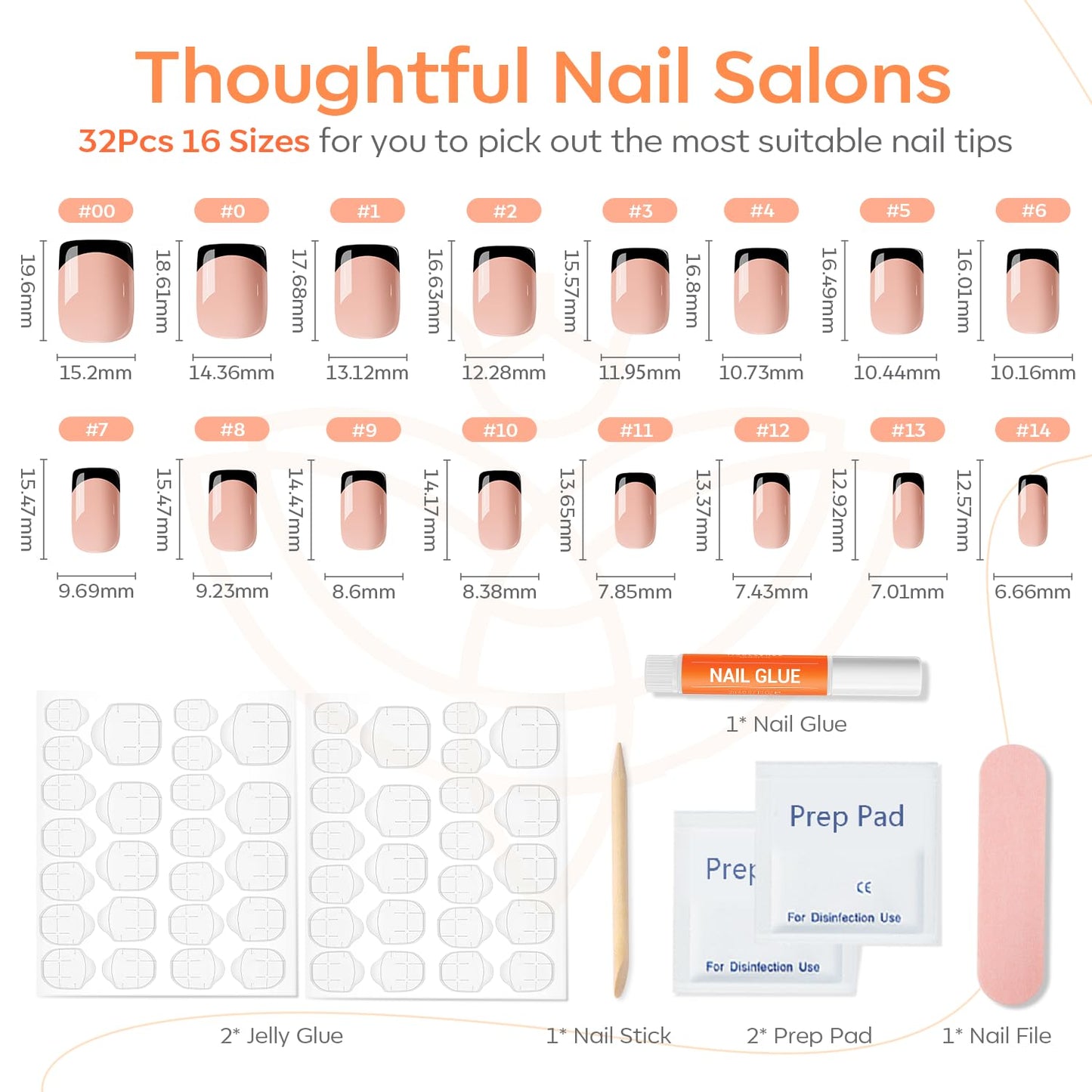 Modelones Black French Tip Press on Nails Short, Square Fake Nails, Reusable Nail Kit with Nail Glue Adhesive Tabs Mini Nail File, Nails Press Ons 32Pcs 16Sizes, Spring Women Girl Gift